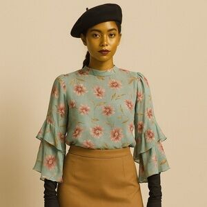 Green Ruffled Mandarin Collar Blouse. CHIFFON